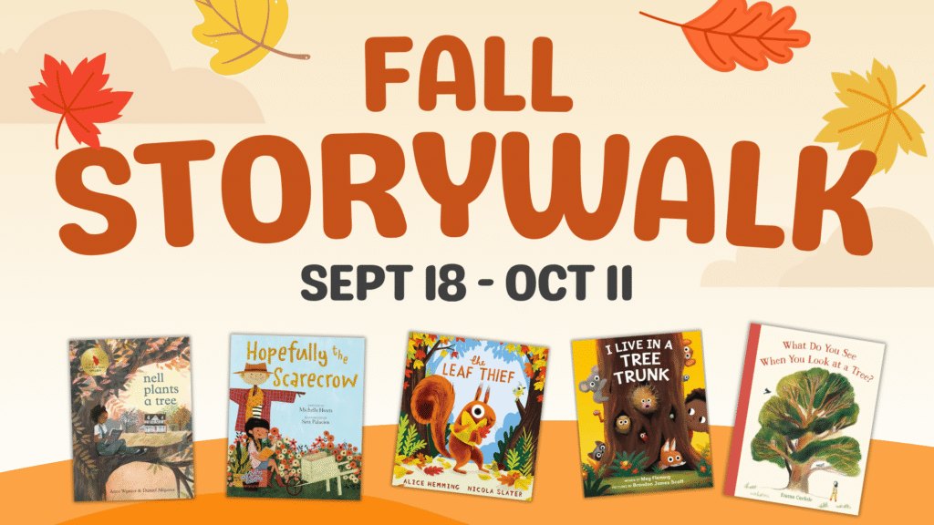 Sewickley StoryWalk Sept 18 - Oct 11 with covers of five books, and orange sky, orange grass and falling leaves