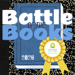 Battle of the Books 2026 with Composition Notebook & blue book in background and SPL branded gold ribbon in front